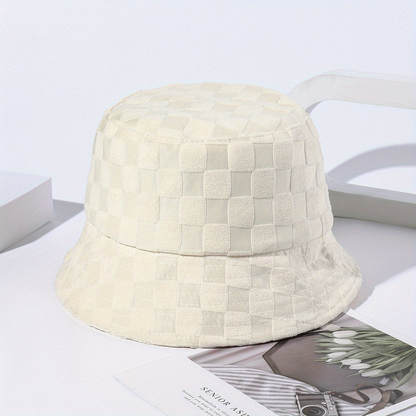 Plaid Embossed Bucket Hat Solid Color Trendy Casual Basin Hat Unisex Couple Fisherman Cap For Women Men