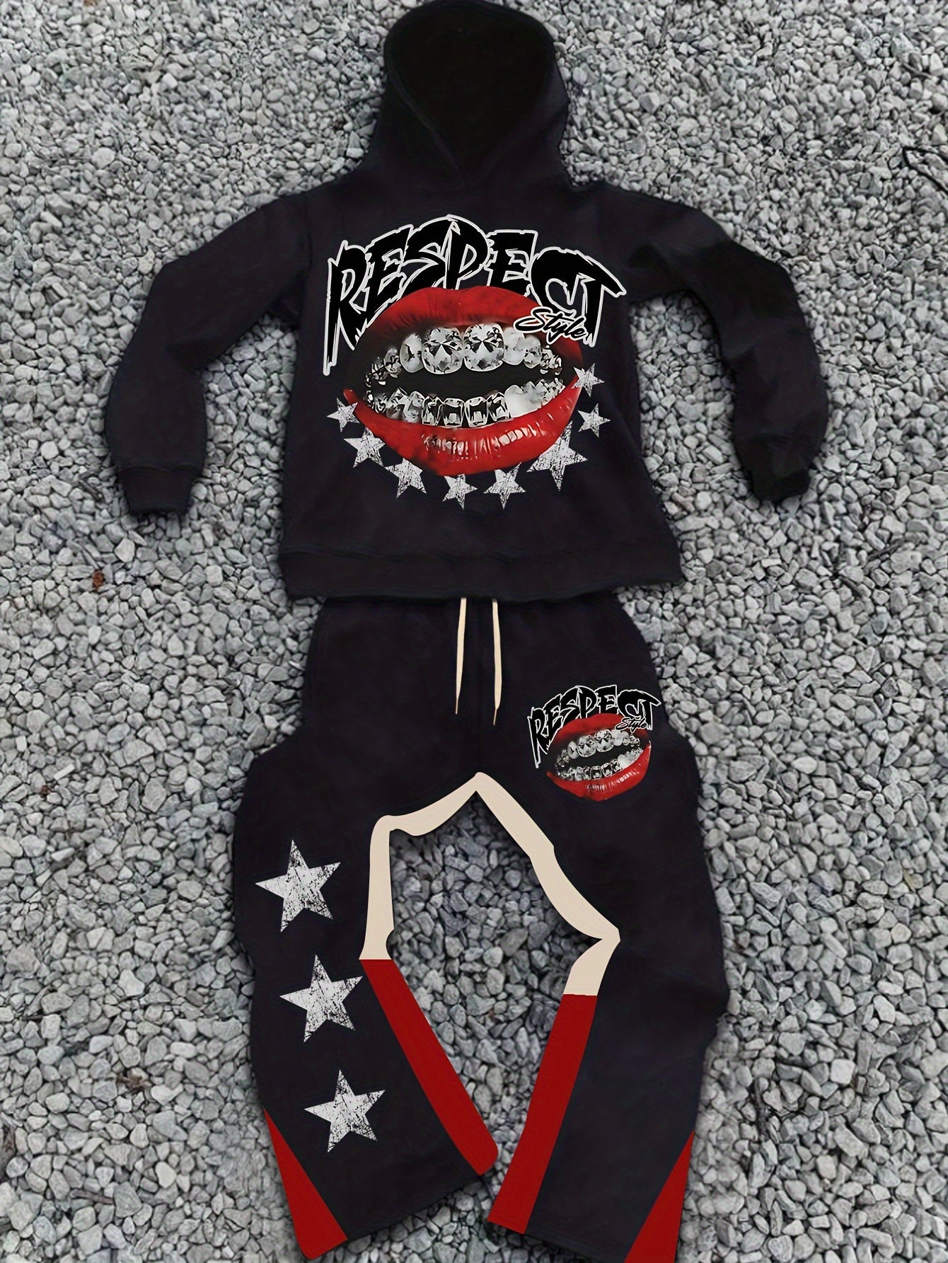 1set Men'S Casual Polyester Hoodie and Sweatpants Set, 100% Polyester Knit Fabric with Slight Stretch, Printed Pattern, Hooded Collar, Regular Fit for Weekend Casual Wear - Fall/Winter Collection