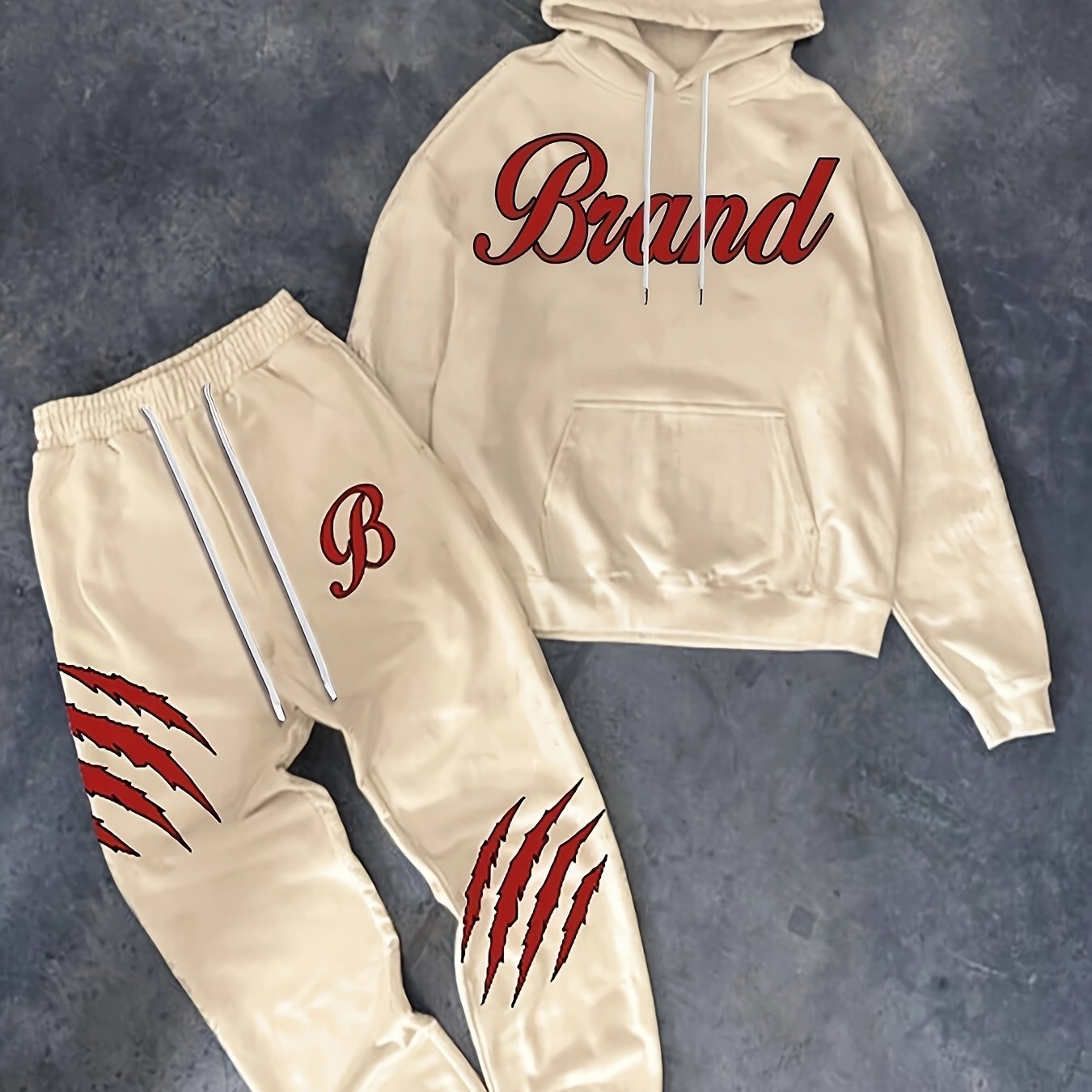 2-Piece Autumn Winter Sets, Men's Casual Brand Letter Hooded Sweatshirt & B Letter Drawstring Jogger Pants Set for Outing and Daily Wear