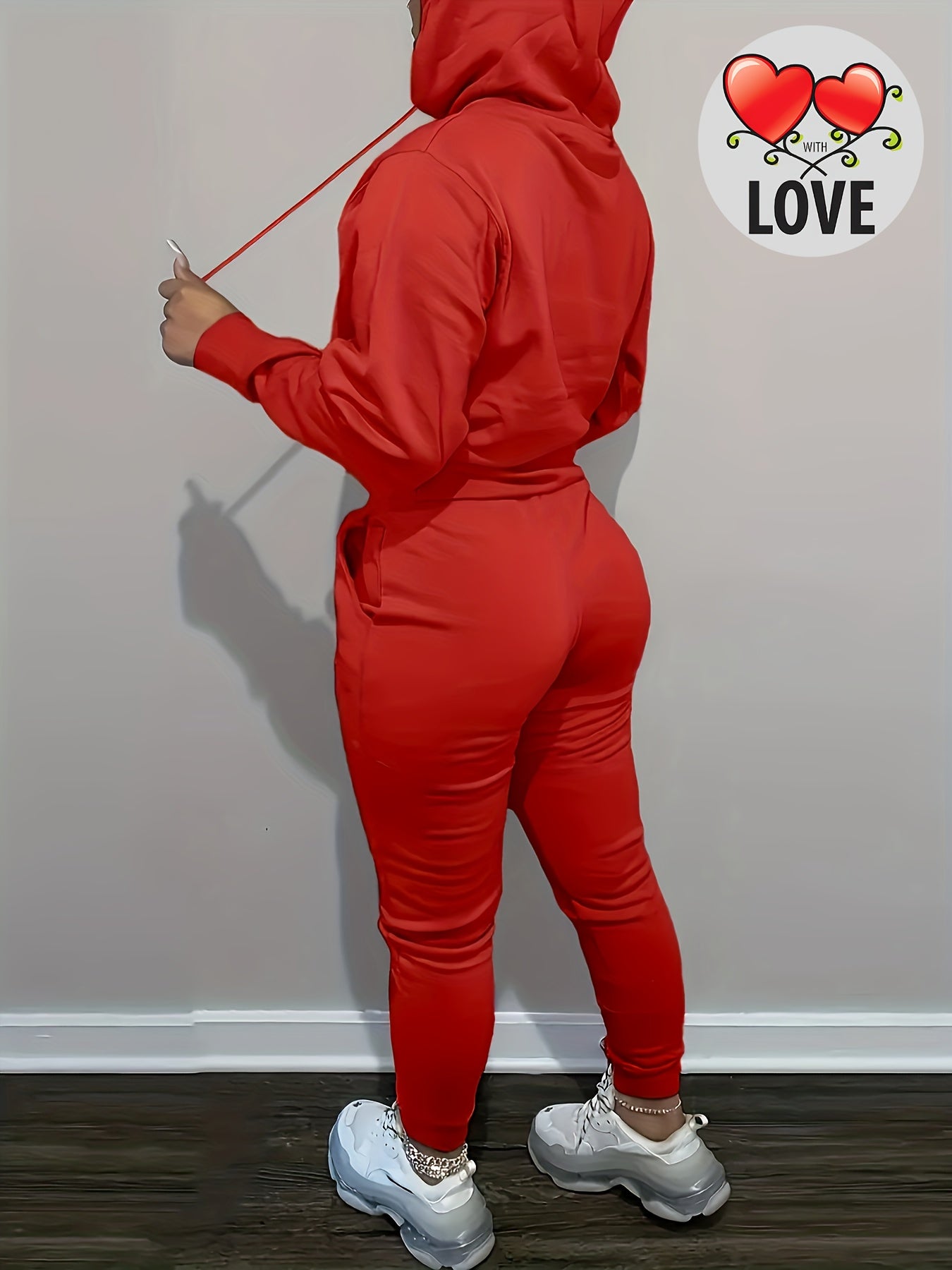 Women's Casual Pink Knit Two-Piece Set with Love Heart Print - Long Sleeve Hooded Top & Tie-Waist Pants, Polyester Blend, Perfect for Valentine's Day, Comfortable Clothing|Matching Set|Knit Polyester