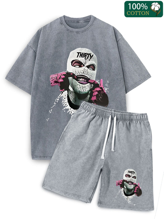 Men's Vintage-Inspired "THIRTY" Graphic Cotton Tee & Shorts Set - Comfortable, Thick Summer Wear with Cool Portrait Print, Elastic Waistband, and Drawstring - Casual Gray Colorblock Outfit