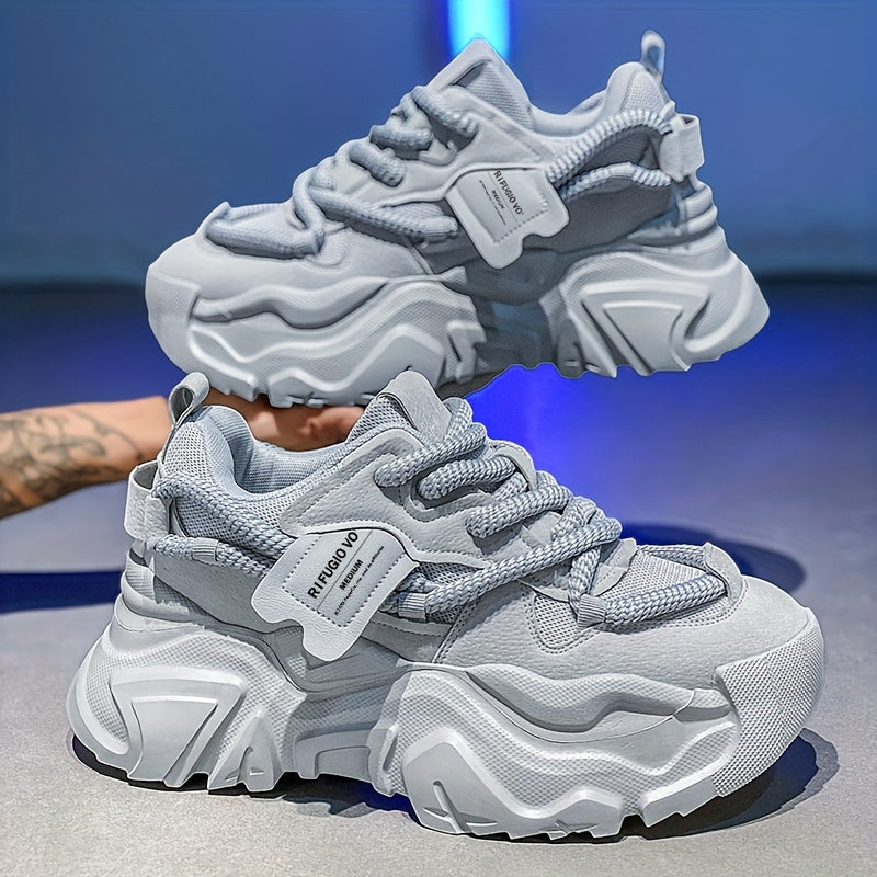 Men's Breathable Mesh Chunky Sneakers - Light Gray, Casual & Sporty Running Shoes with Height Boost, Versatile for All Seasons, Lace-Up Closure, PVC Sole