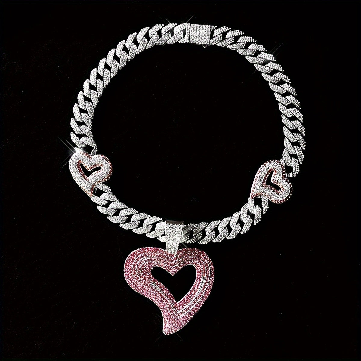 ICESOME Hip Hop Y2K Heart Pendant Necklace, Synthetic Rhinestone-Encrusted, Zinc Alloy Cuban Link Chain, Party & Music Festival Jewelry, Valentine's Day Gift for Men and Women