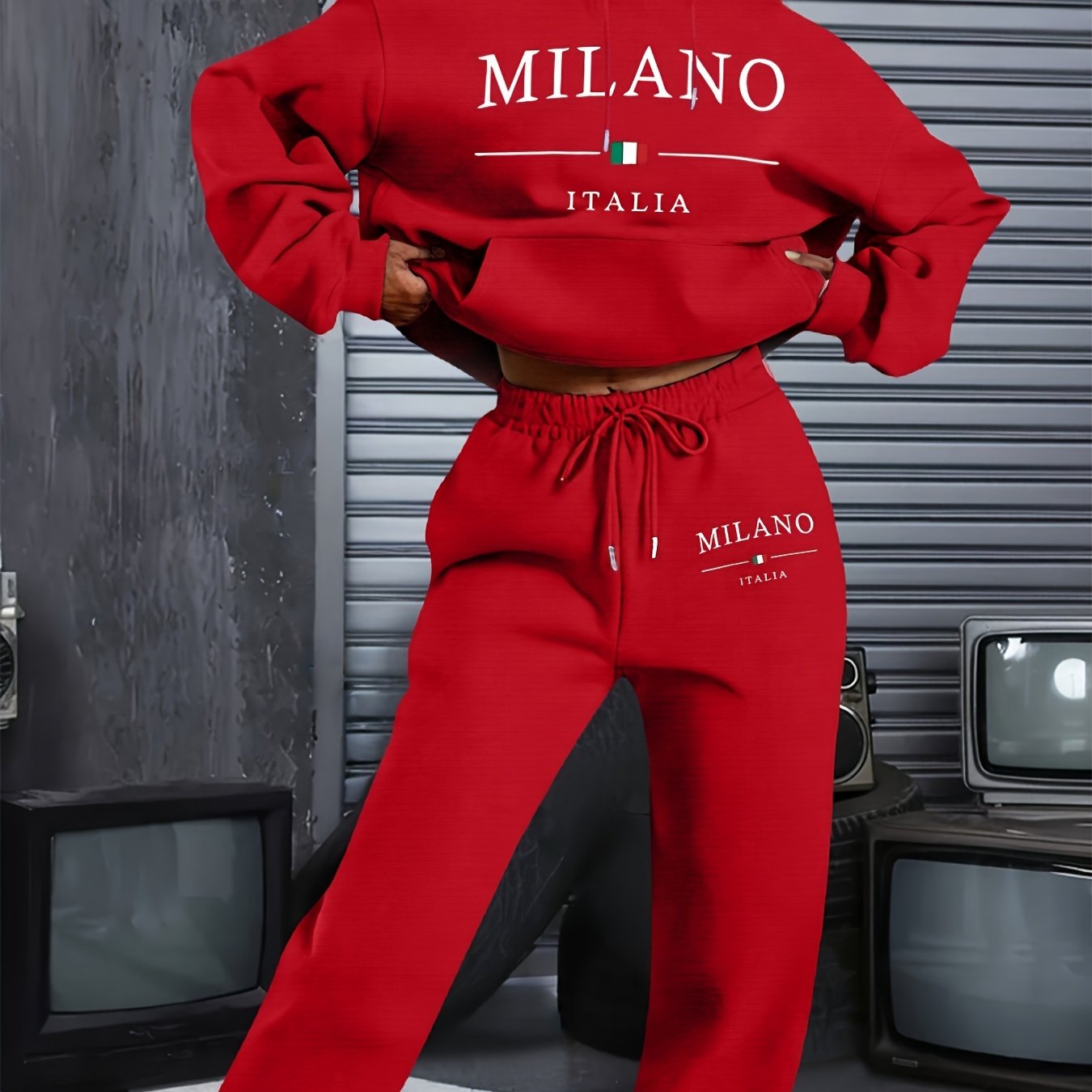 2024 Autumn And Winter Fashion Milan-Themed New Women'S Hooded Sweatshirt And Long Pants Set with a Hooded Long-Sleeve Casual Top.