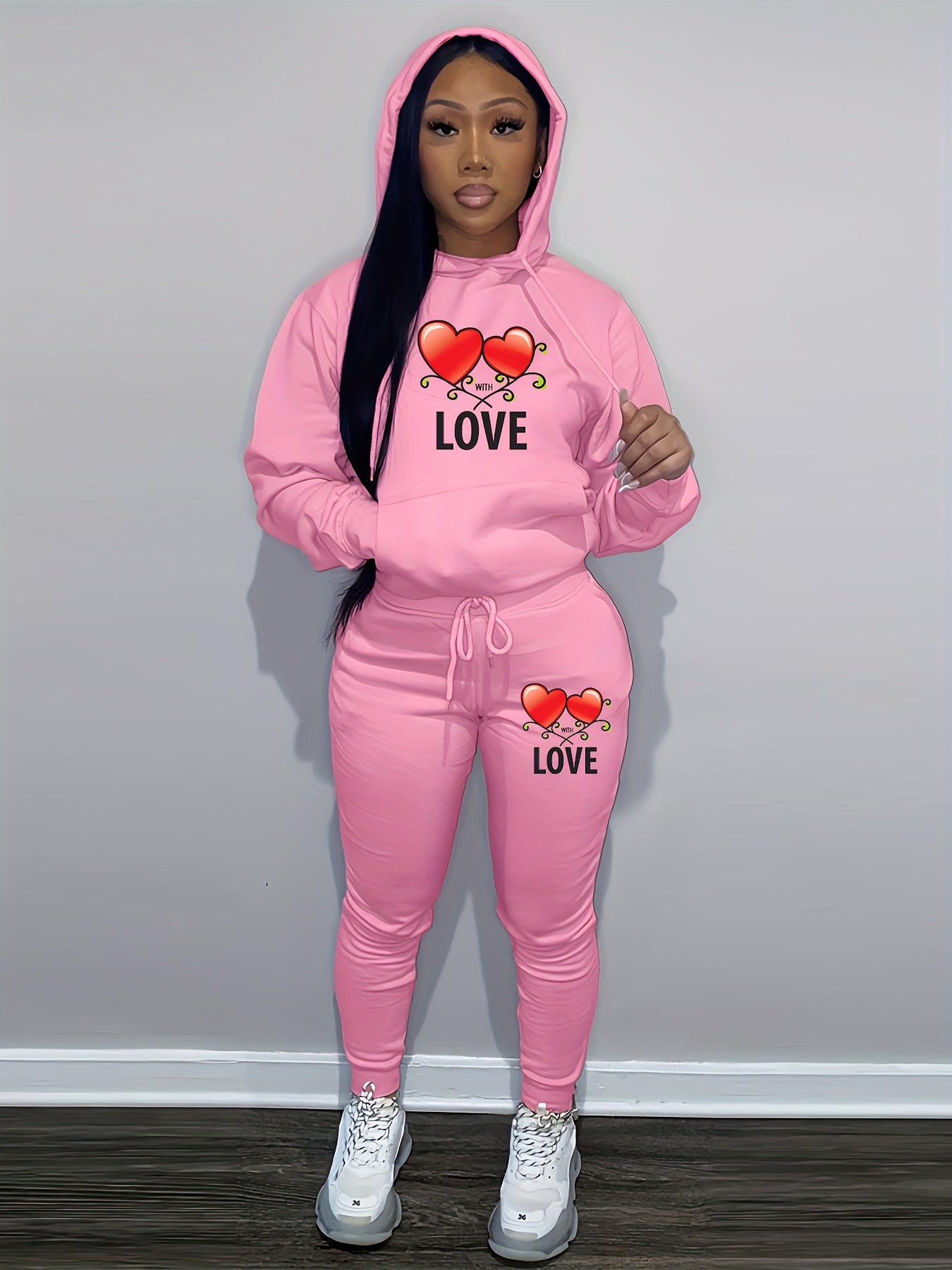 Women's Casual Pink Knit Two-Piece Set with Love Heart Print - Long Sleeve Hooded Top & Tie-Waist Pants, Polyester Blend, Perfect for Valentine's Day, Comfortable Clothing|Matching Set|Knit Polyester