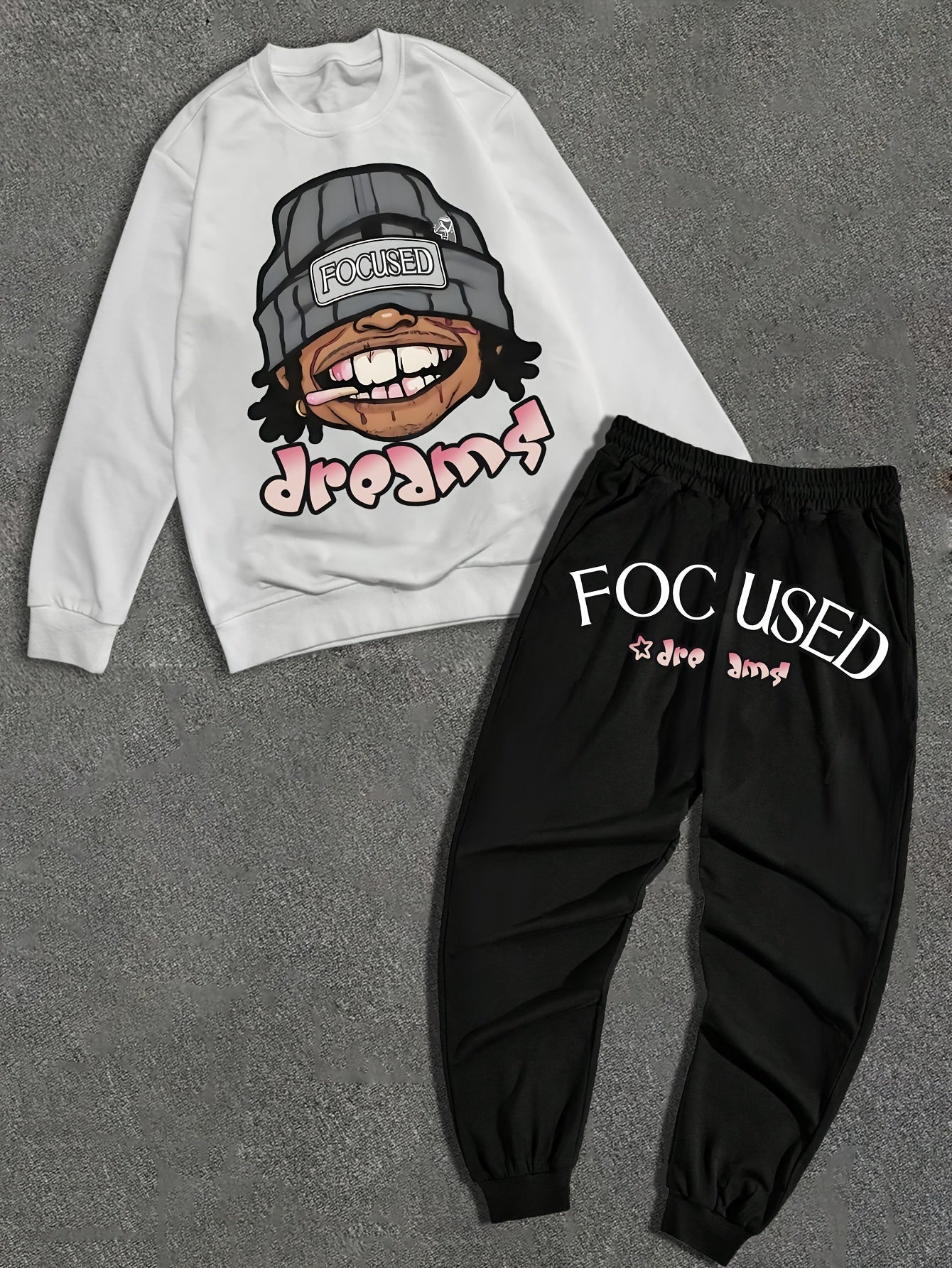 Men'S Casual Graffiti Print Sweatshirt and Pants Set, Crew Neck, Loose Fit, Knit Polyester 95%, 5% Elastane, Slight Stretch, Fall/Winter Lash Sets