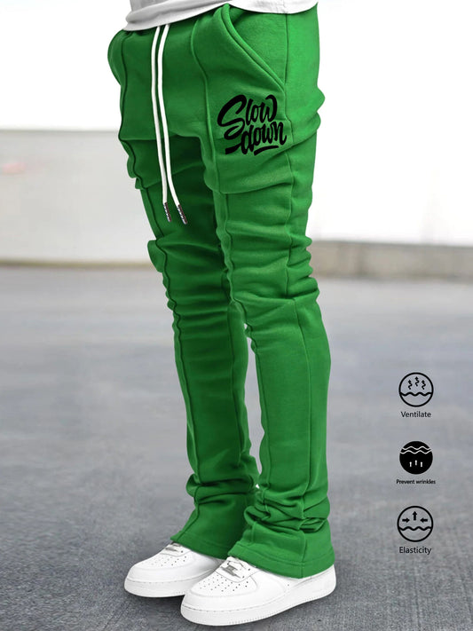 Men'S Casual Jogger Pants, Polyester 100% Knit Fabric, Slight Stretch, Regular Fit, Spring/Fall Season, 220g/m², Alphabet Pattern, Drawstring Detail, Regular Length - Trendy Hip Hop Rock Style