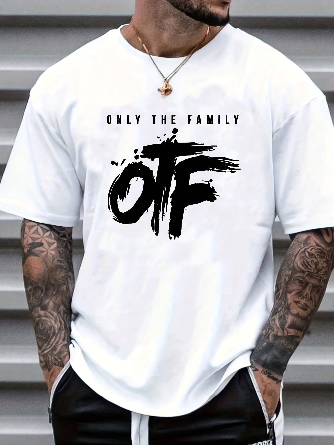 OTF Only The Family" Men's White Cotton T-Shirt - Casual & Modern Street Style, Round Neck, Short Sleeve, Summer Fashion Top with Black Brushstroke Design