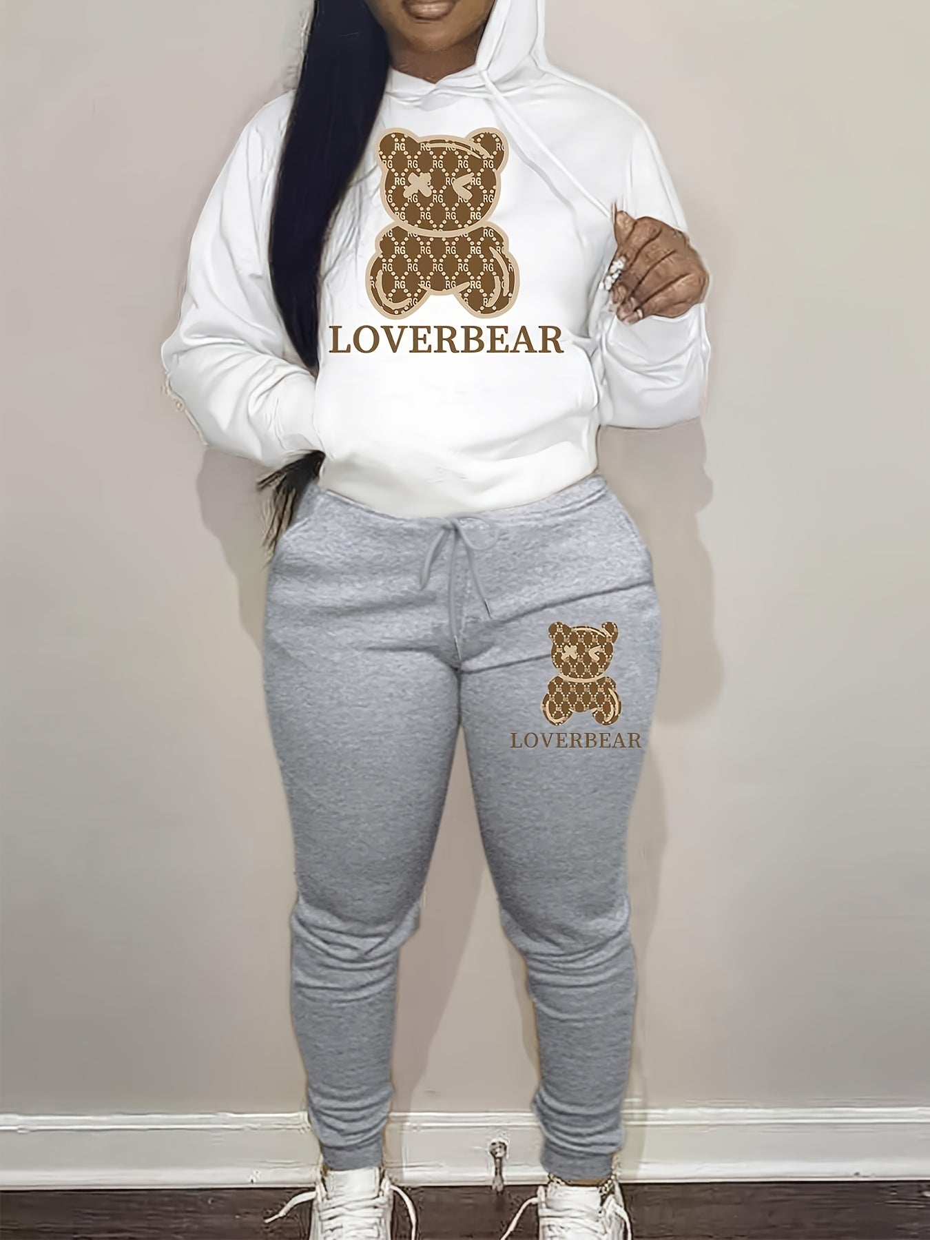 Bear Print Hoodie Two-piece Set, Casual Drop Shoulder Long Sleeve Kangaroo Pocket Drawstring Hoodies Sweatshirt & Drawstring Waist Slant Pockets Cuffed Pants Outfits, Women's Clothing