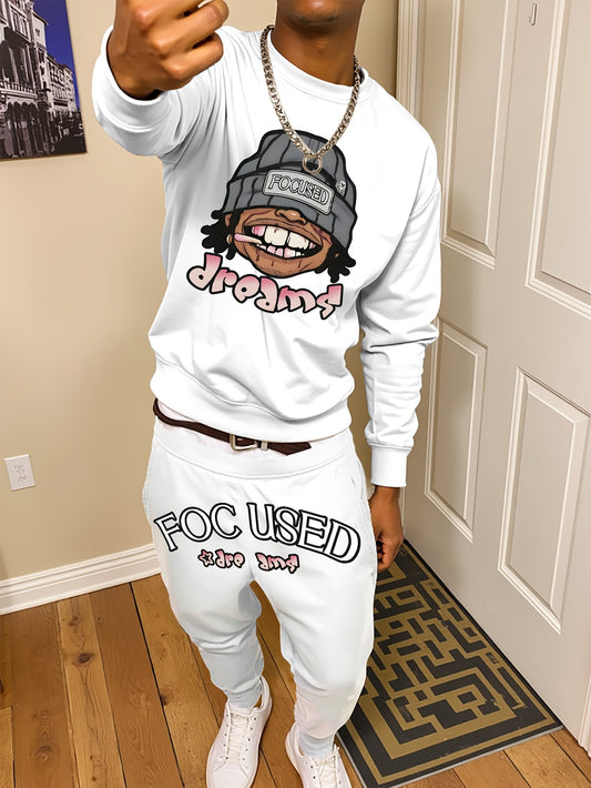 Men'S Casual Graffiti Print Sweatshirt and Pants Set, Crew Neck, Loose Fit, Knit Polyester 95%, 5% Elastane, Slight Stretch, Fall/Winter Lash Sets