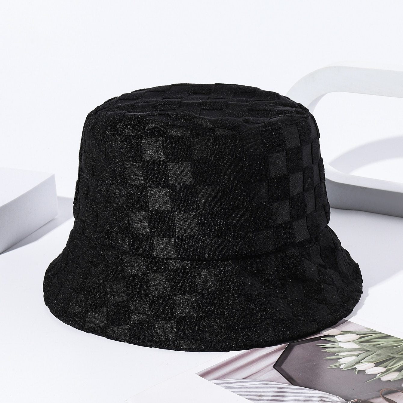 Plaid Embossed Bucket Hat Solid Color Trendy Casual Basin Hat Unisex Couple Fisherman Cap For Women Men