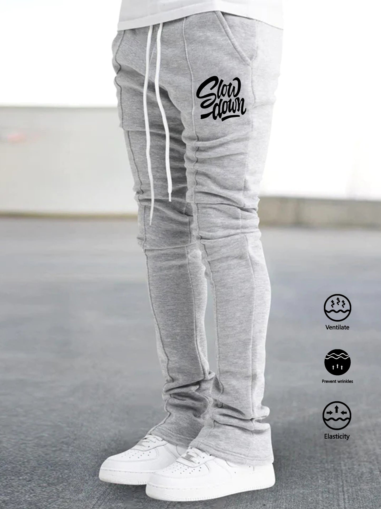 Men'S Casual Jogger Pants, Polyester 100% Knit Fabric, Slight Stretch, Regular Fit, Spring/Fall Season, 220g/m², Alphabet Pattern, Drawstring Detail, Regular Length - Trendy Hip Hop Rock Style