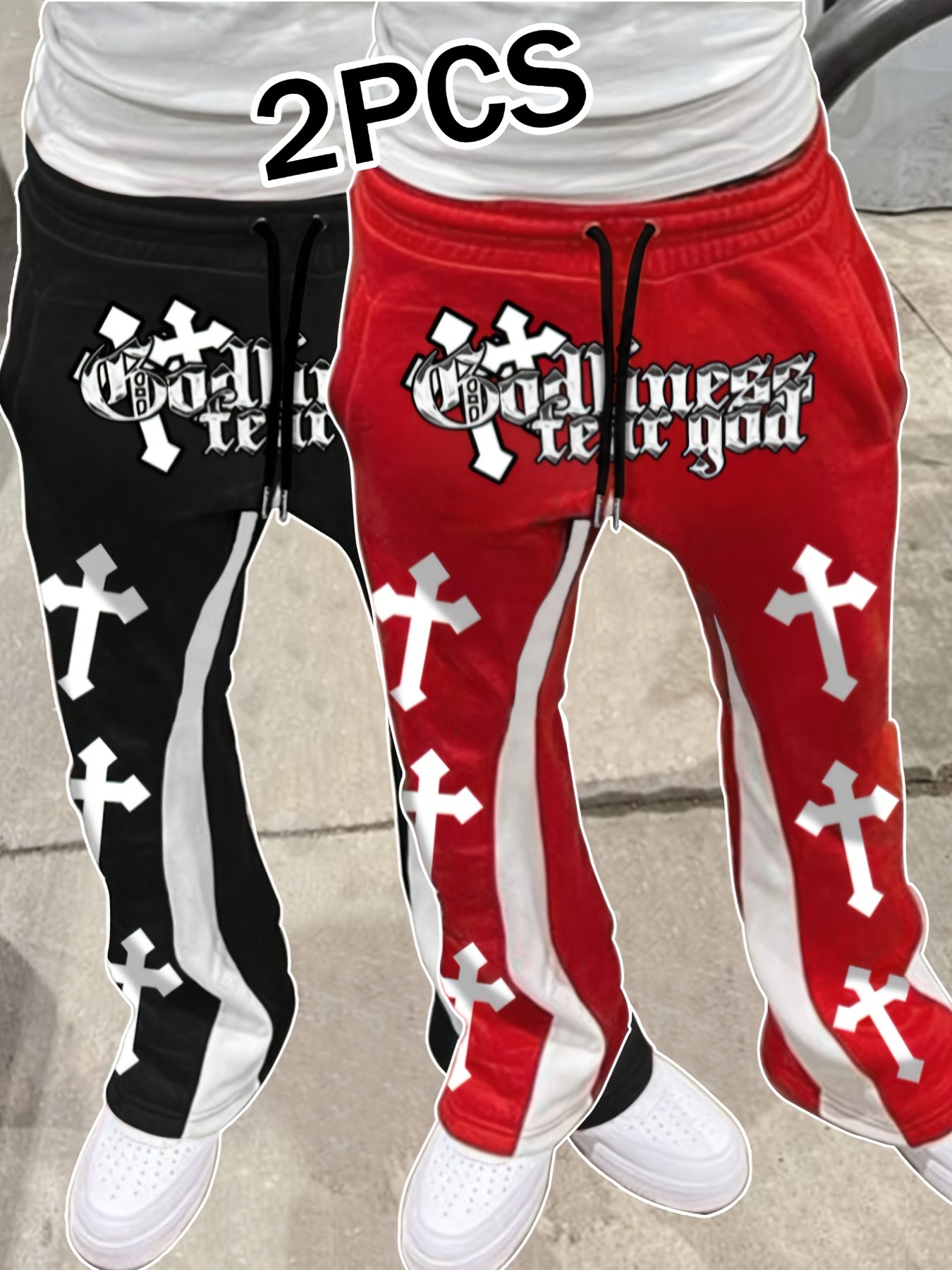 2pcs Men's Casual Jogger Pants with Elastic Waist & Drawstring - "GOD TEARS" Cross Print, Stretchy Polyester Fabric, Machine Washable - Ideal for Spring/Fall