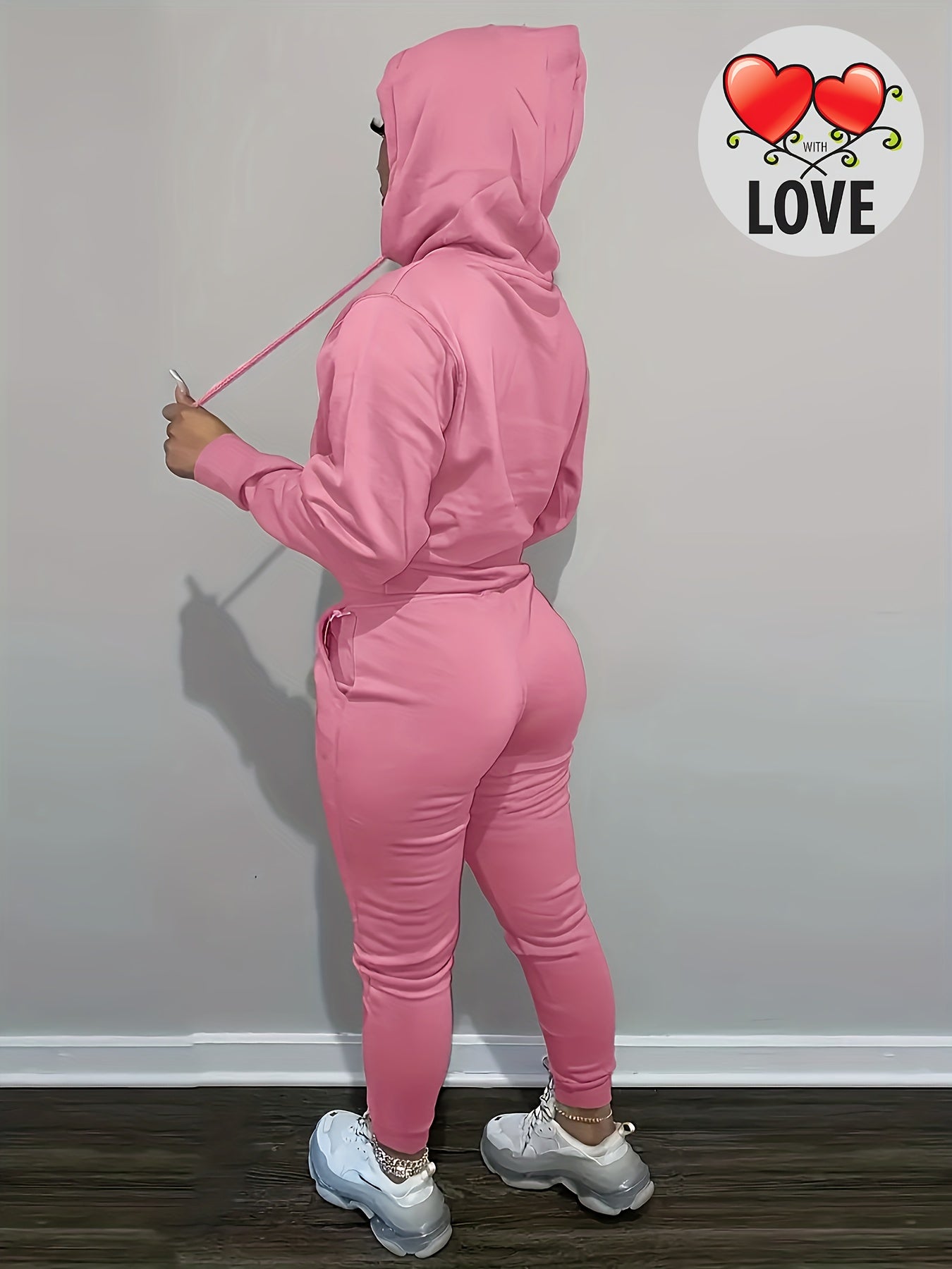Women's Casual Pink Knit Two-Piece Set with Love Heart Print - Long Sleeve Hooded Top & Tie-Waist Pants, Polyester Blend, Perfect for Valentine's Day, Comfortable Clothing|Matching Set|Knit Polyester