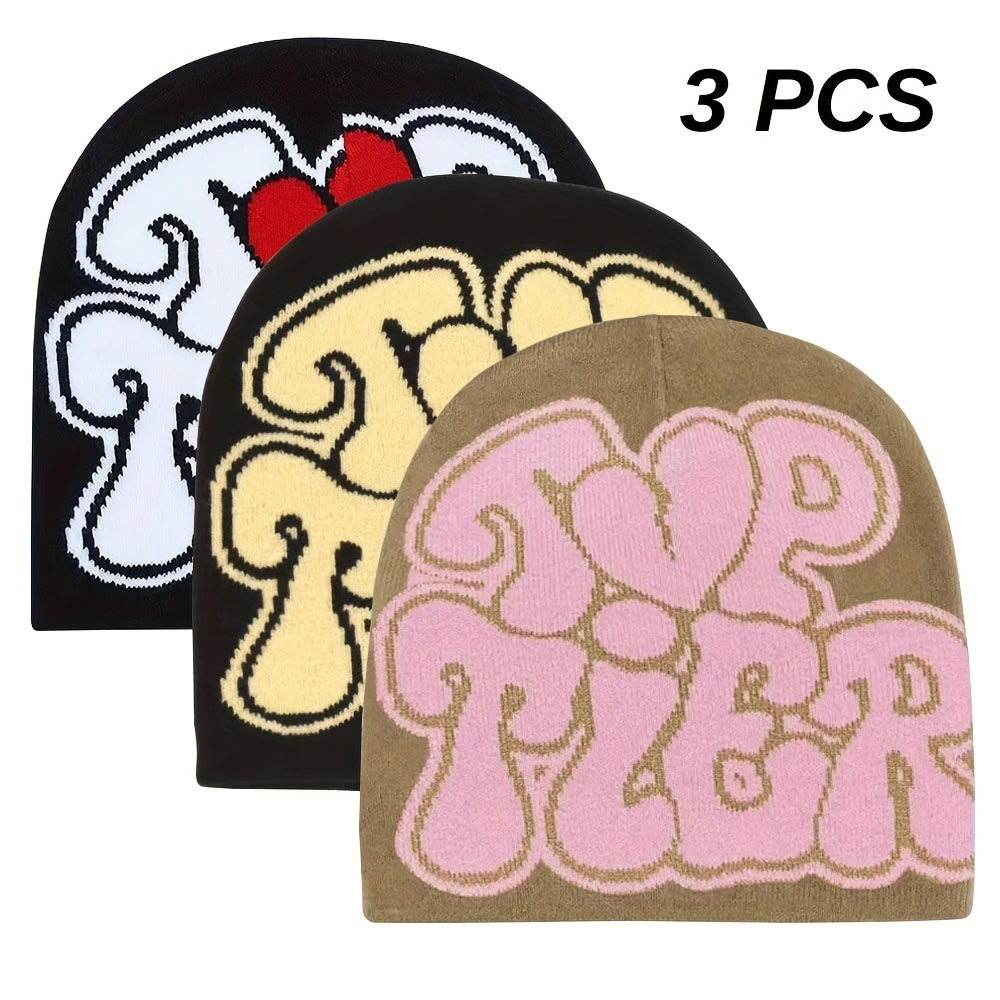 3pcs 'TOP TIER' Hip Hop Beanie - Y2K Fashion Knit Hat, Stretchy & Lightweight for Halloween, Warm Outdoor Cap