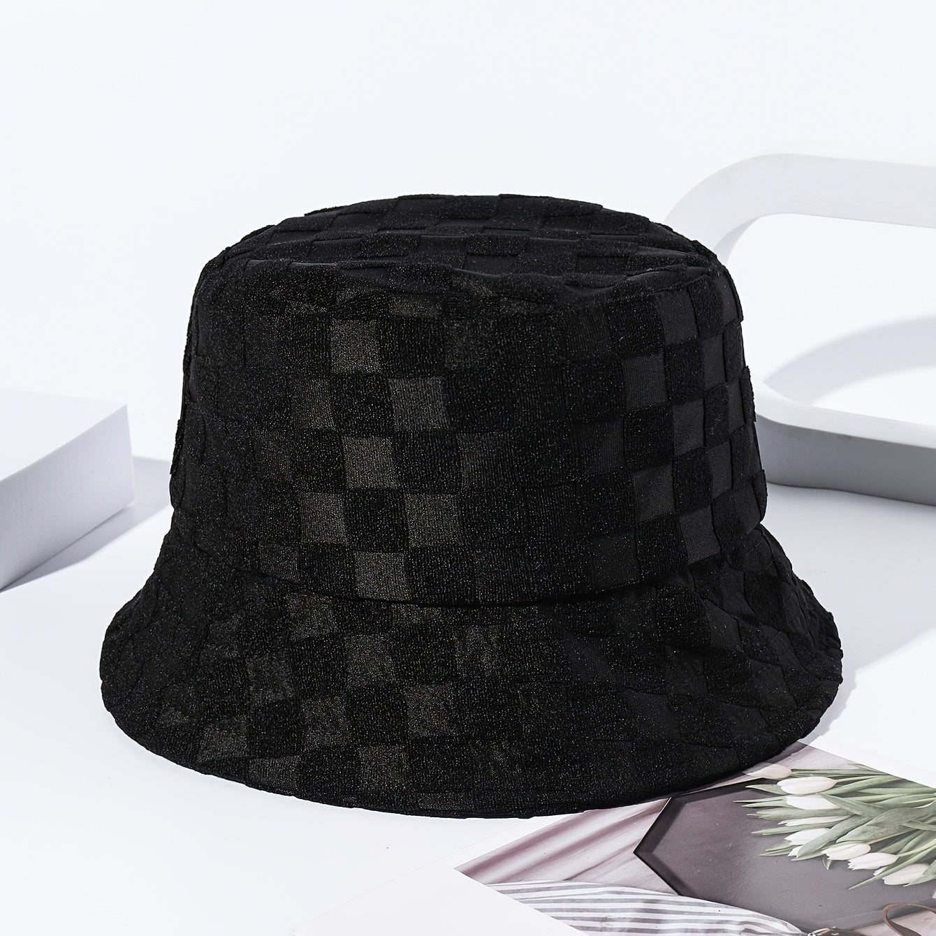 Plaid Embossed Bucket Hat Solid Color Trendy Casual Basin Hat Unisex Couple Fisherman Cap For Women Men