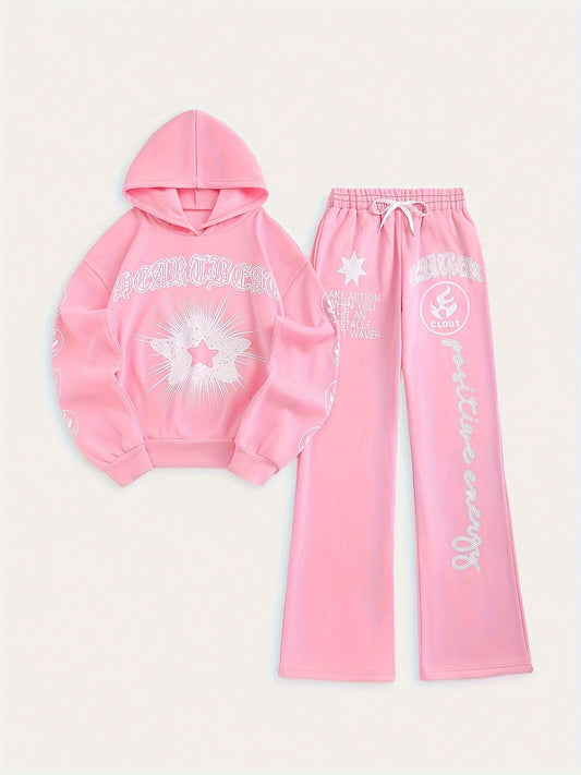 Women's Casual Letter Print Hoodie & Joggers Set - Stretchy Polyester Blend, Drawstring Waist, Machine Washable
