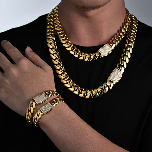12mm Wide Men's Necklace and Bracelet Set - Zircon Inlays