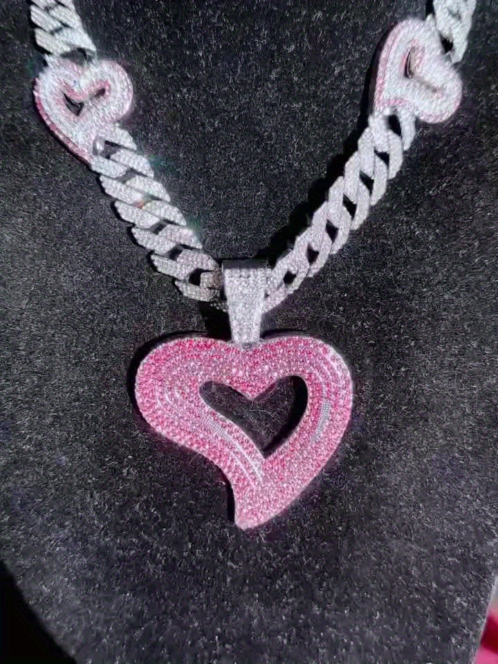 ICESOME Hip Hop Y2K Heart Pendant Necklace, Synthetic Rhinestone-Encrusted, Zinc Alloy Cuban Link Chain, Party & Music Festival Jewelry, Valentine's Day Gift for Men and Women