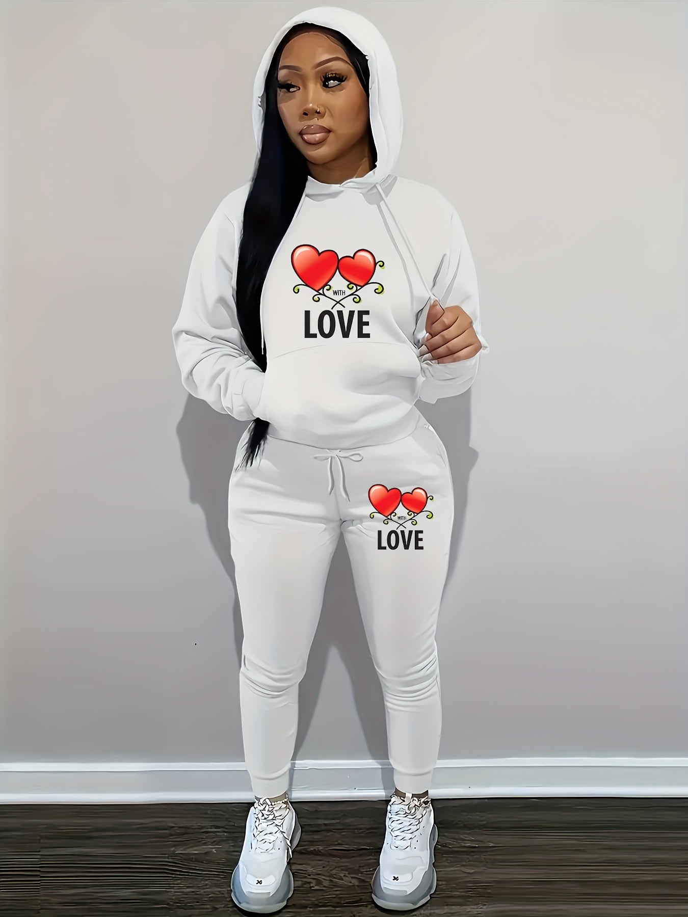 Women's Casual Pink Knit Two-Piece Set with Love Heart Print - Long Sleeve Hooded Top & Tie-Waist Pants, Polyester Blend, Perfect for Valentine's Day, Comfortable Clothing|Matching Set|Knit Polyester