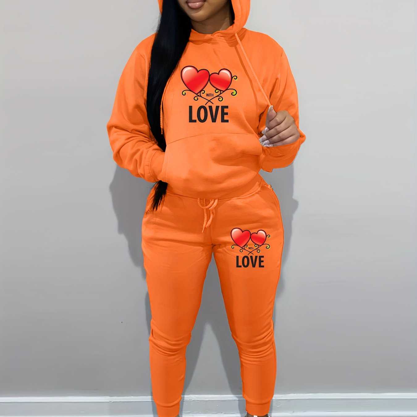 Women's Casual Pink Knit Two-Piece Set with Love Heart Print - Long Sleeve Hooded Top & Tie-Waist Pants, Polyester Blend, Perfect for Valentine's Day, Comfortable Clothing|Matching Set|Knit Polyester