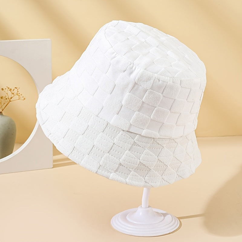 Plaid Embossed Bucket Hat Solid Color Trendy Casual Basin Hat Unisex Couple Fisherman Cap For Women Men