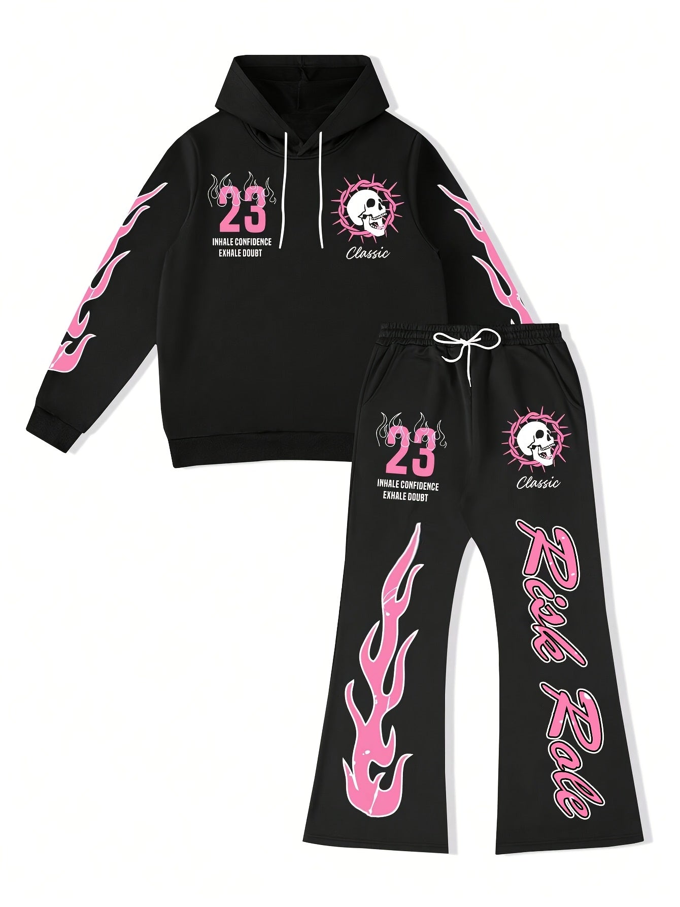 Men's Flame Graphic Hoodie & Sweatpants Set - "FIRE" 23 Print, Casual Streetwear, Polyester Blend, Machine Washable, 2pcs Tracksuit for Autumn/Winter, Essential Hoodie