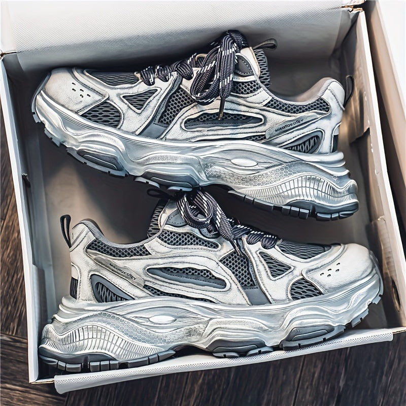 Men's Trendy Chunky Sneakers - Breathable Mesh, Lace-Up Casual Running Shoes with Thick Platform for All Seasons