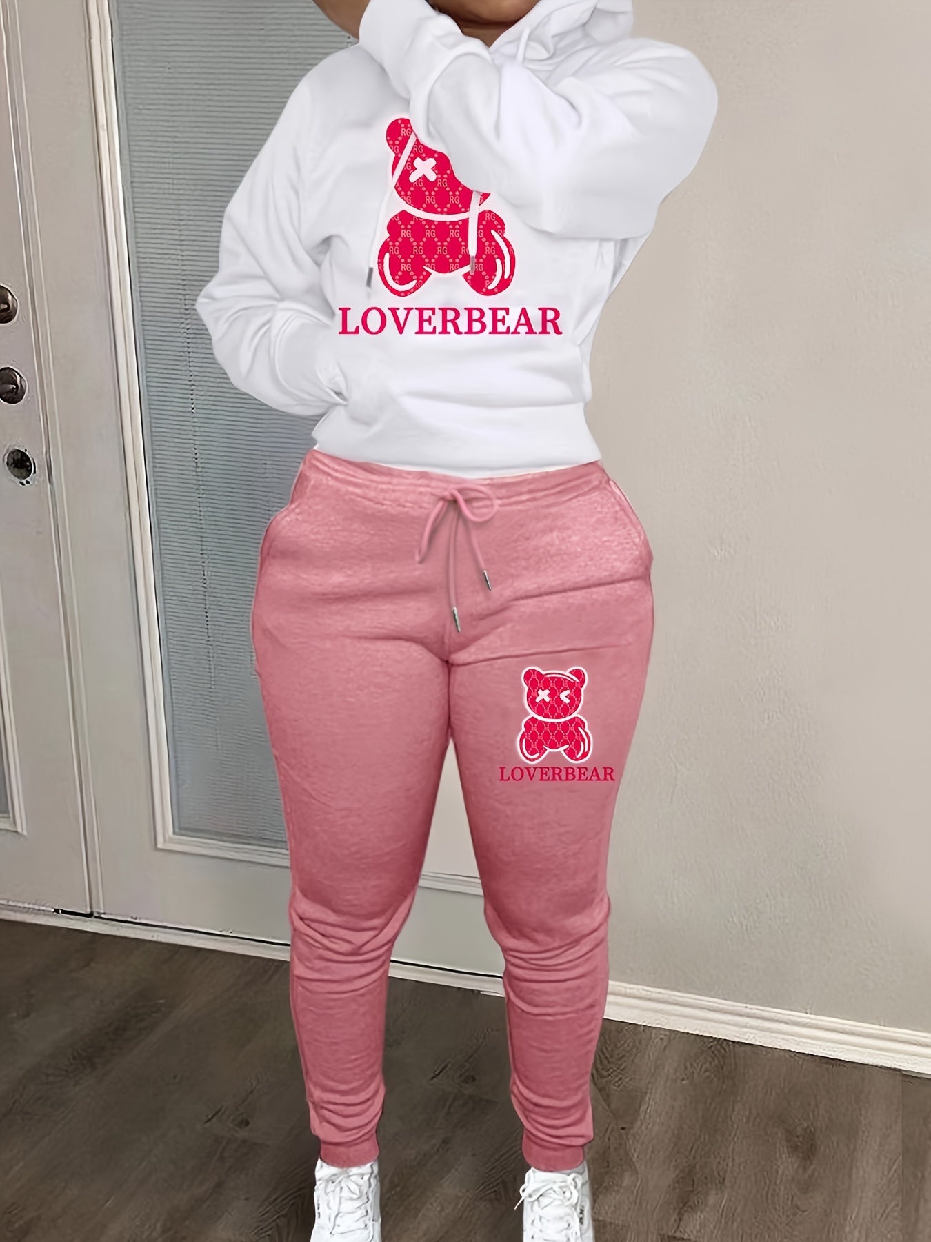 Bear Print Hoodie Two-piece Set, Casual Drop Shoulder Long Sleeve Kangaroo Pocket Drawstring Hoodies Sweatshirt & Drawstring Waist Slant Pockets Cuffed Pants Outfits, Women's Clothing