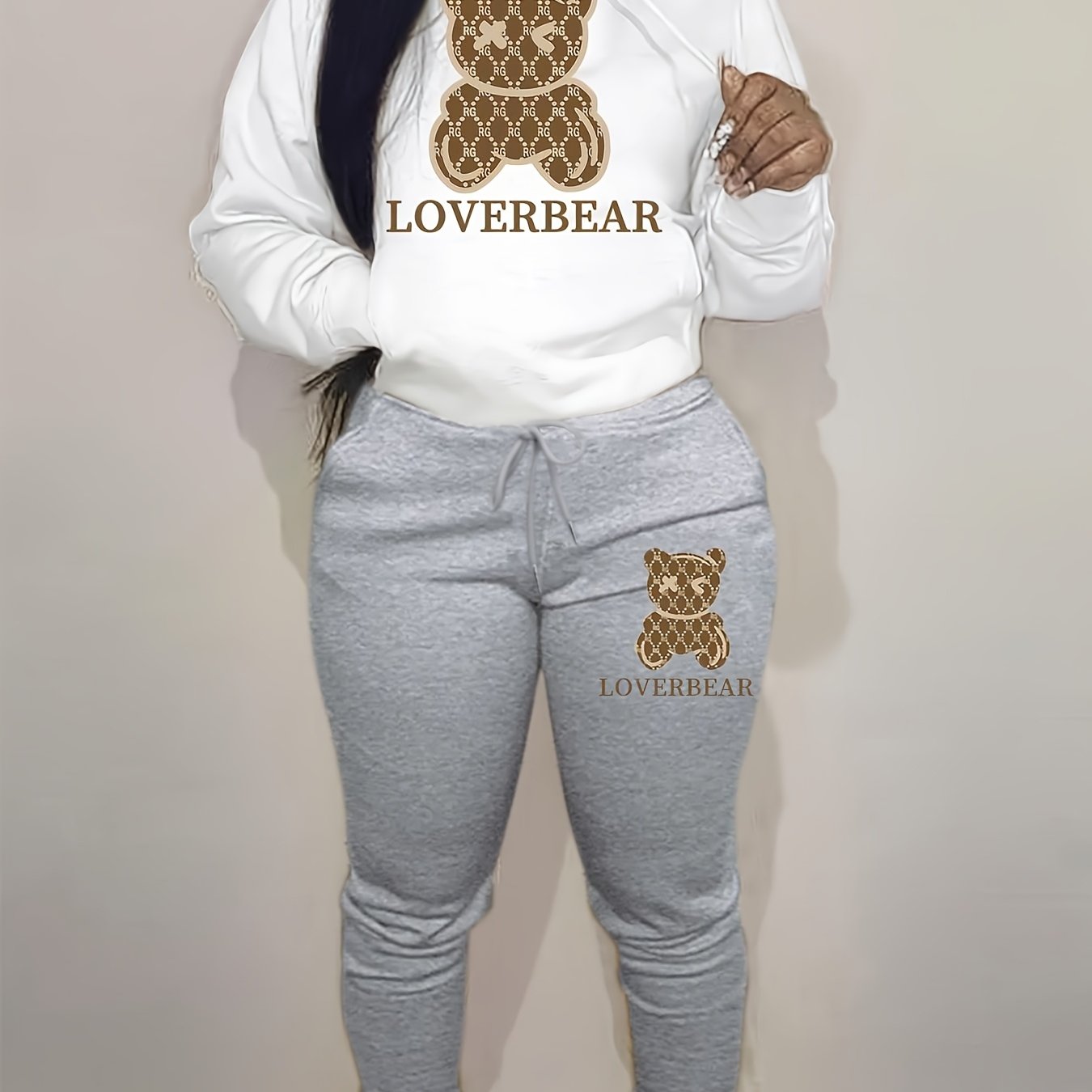 Bear Print Hoodie Two-piece Set, Casual Drop Shoulder Long Sleeve Kangaroo Pocket Drawstring Hoodies Sweatshirt & Drawstring Waist Slant Pockets Cuffed Pants Outfits, Women's Clothing