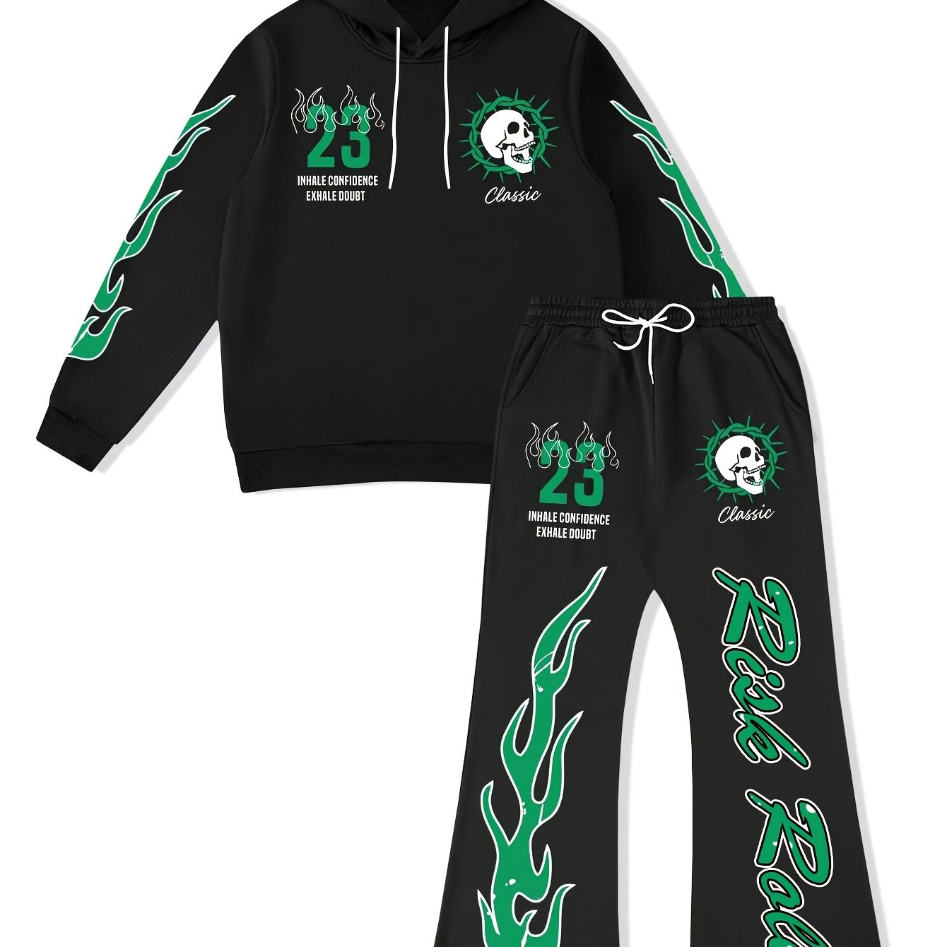 Men's Flame Graphic Hoodie & Sweatpants Set - "FIRE" 23 Print, Casual Streetwear, Polyester Blend, Machine Washable, 2pcs Tracksuit for Autumn/Winter, Essential Hoodie