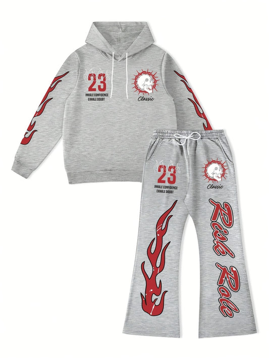 Men's Flame Graphic Hoodie & Sweatpants Set - "FIRE" 23 Print, Casual Streetwear, Polyester Blend, Machine Washable, 2pcs Tracksuit for Autumn/Winter, Essential Hoodie