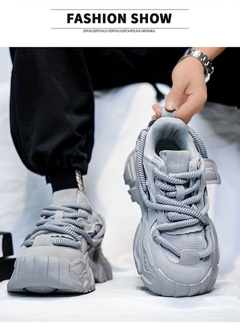 Men's Breathable Mesh Chunky Sneakers - Light Gray, Casual & Sporty Running Shoes with Height Boost, Versatile for All Seasons, Lace-Up Closure, PVC Sole