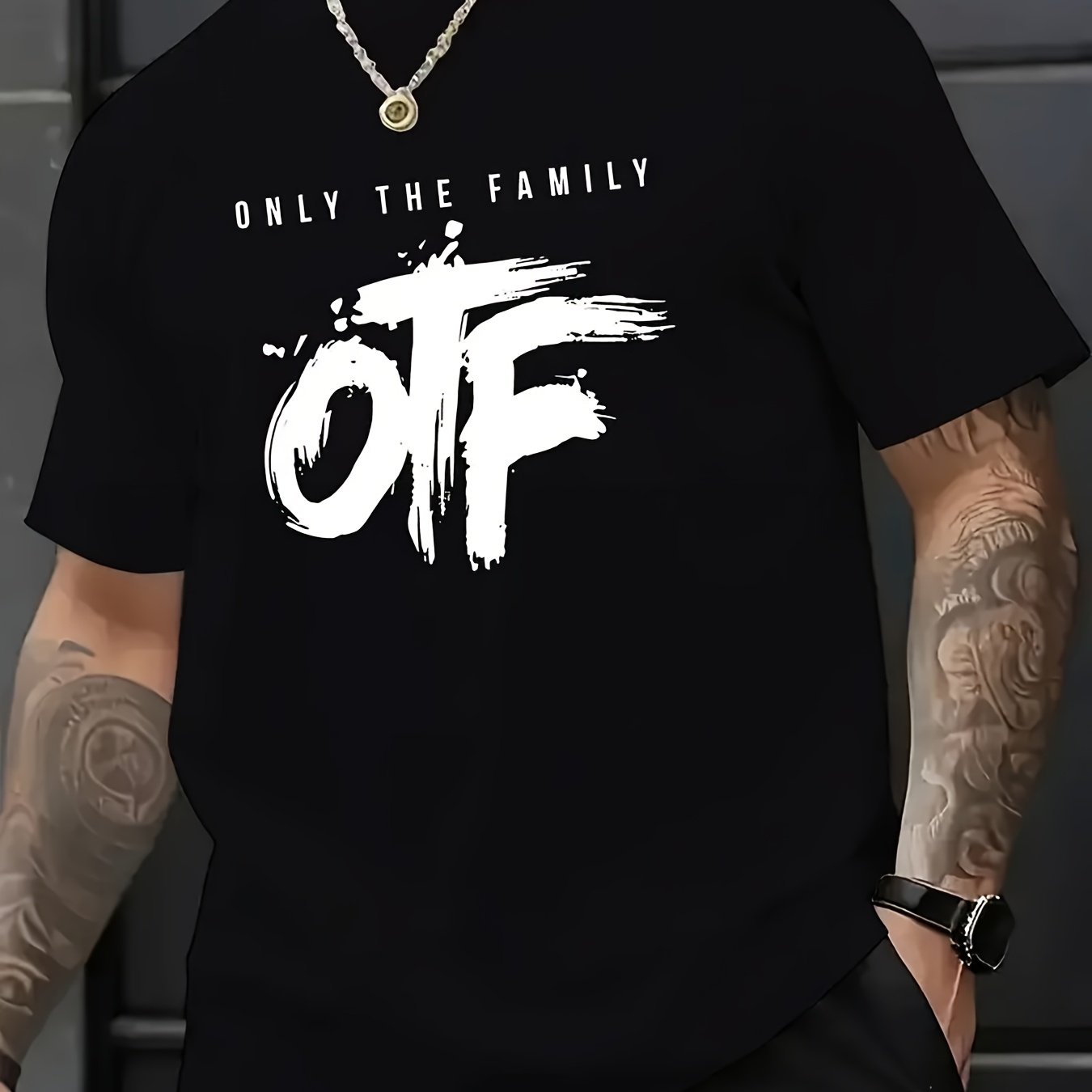 OTF Only The Family" Men's White Cotton T-Shirt - Casual & Modern Street Style, Round Neck, Short Sleeve, Summer Fashion Top with Black Brushstroke Design
