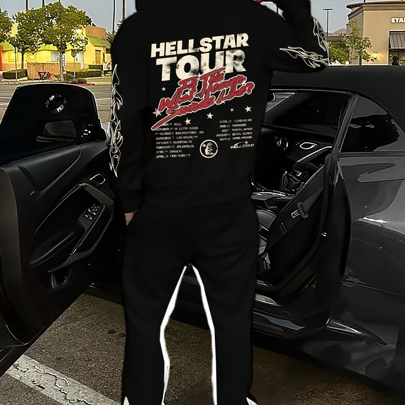 Autumn and Winter Men's Loose Casual Long Sleeve Hoodie with Flame Print and Letter Sweatshirt with Trousers, Men's Daily Wear