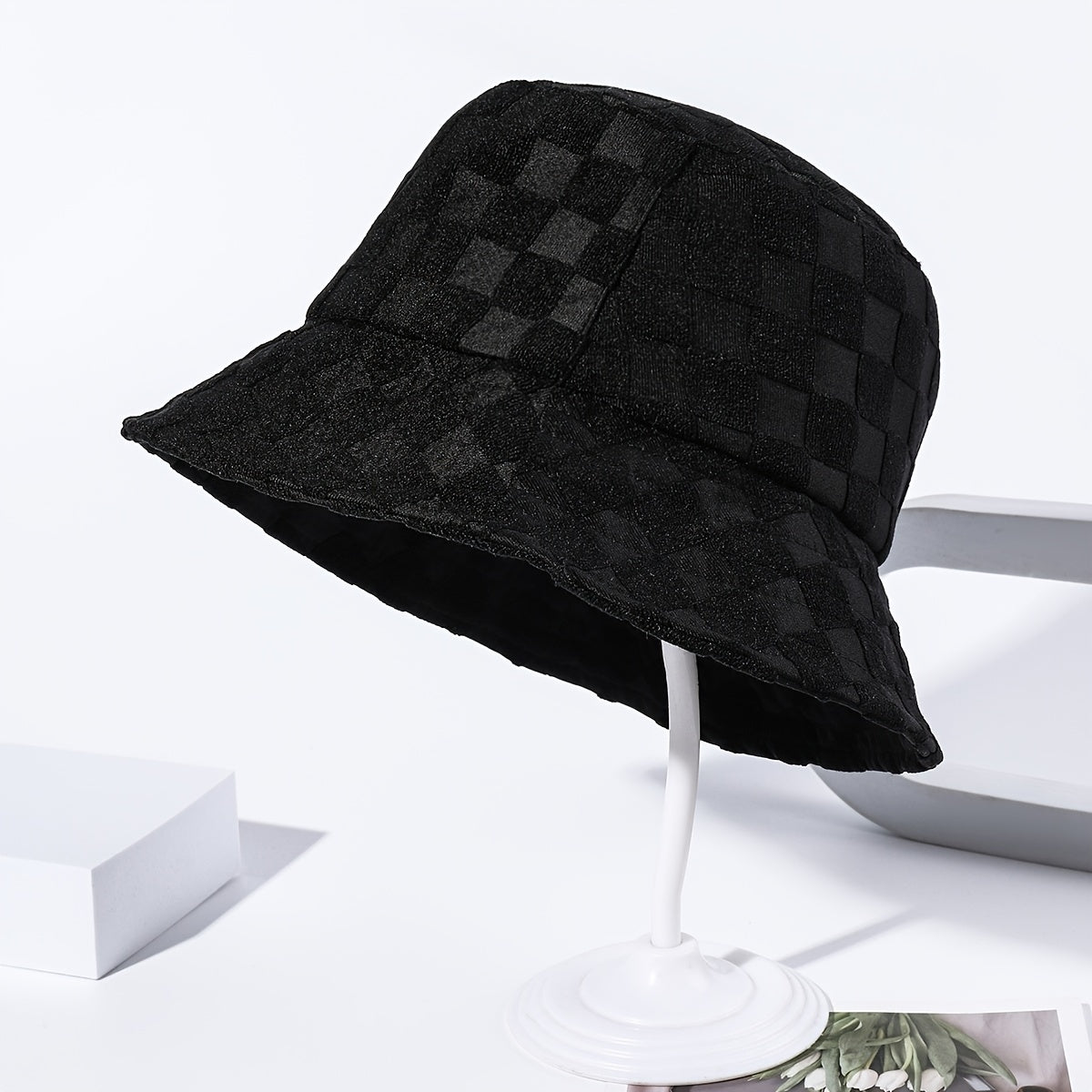 Plaid Embossed Bucket Hat Solid Color Trendy Casual Basin Hat Unisex Couple Fisherman Cap For Women Men