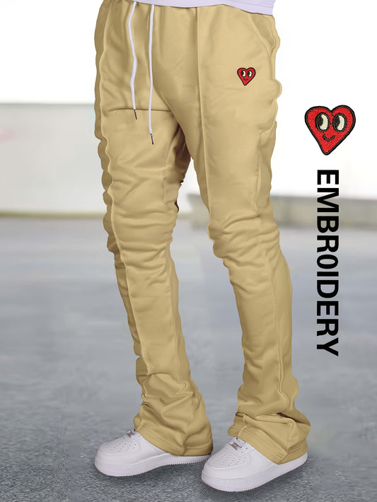 Men's Embroidered Heart Series Casual Flare Pants - Lightweight, Breathable Polyester, Drawstring Waist with Pockets, All-Season Wear, Style
