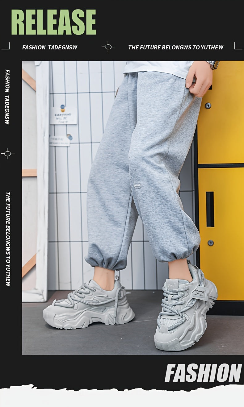 Men's Breathable Mesh Chunky Sneakers - Light Gray, Casual & Sporty Running Shoes with Height Boost, Versatile for All Seasons, Lace-Up Closure, PVC Sole