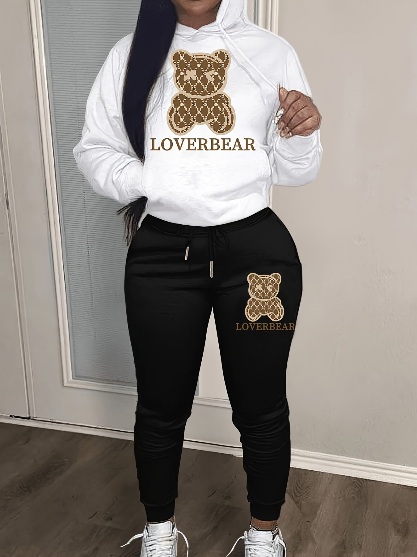 Bear Print Hoodie Two-piece Set, Casual Drop Shoulder Long Sleeve Kangaroo Pocket Drawstring Hoodies Sweatshirt & Drawstring Waist Slant Pockets Cuffed Pants Outfits, Women's Clothing