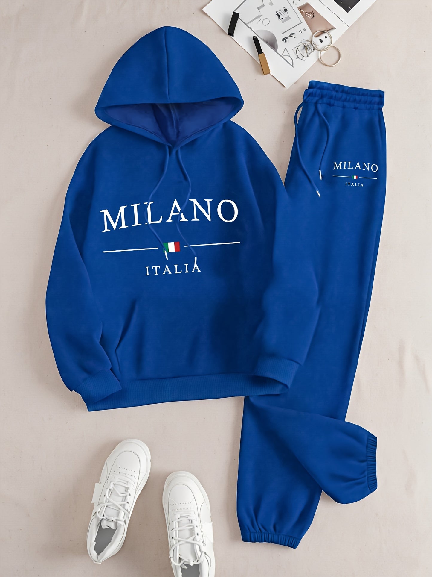 2024 Autumn And Winter Fashion Milan-Themed New Women'S Hooded Sweatshirt And Long Pants Set with a Hooded Long-Sleeve Casual Top.