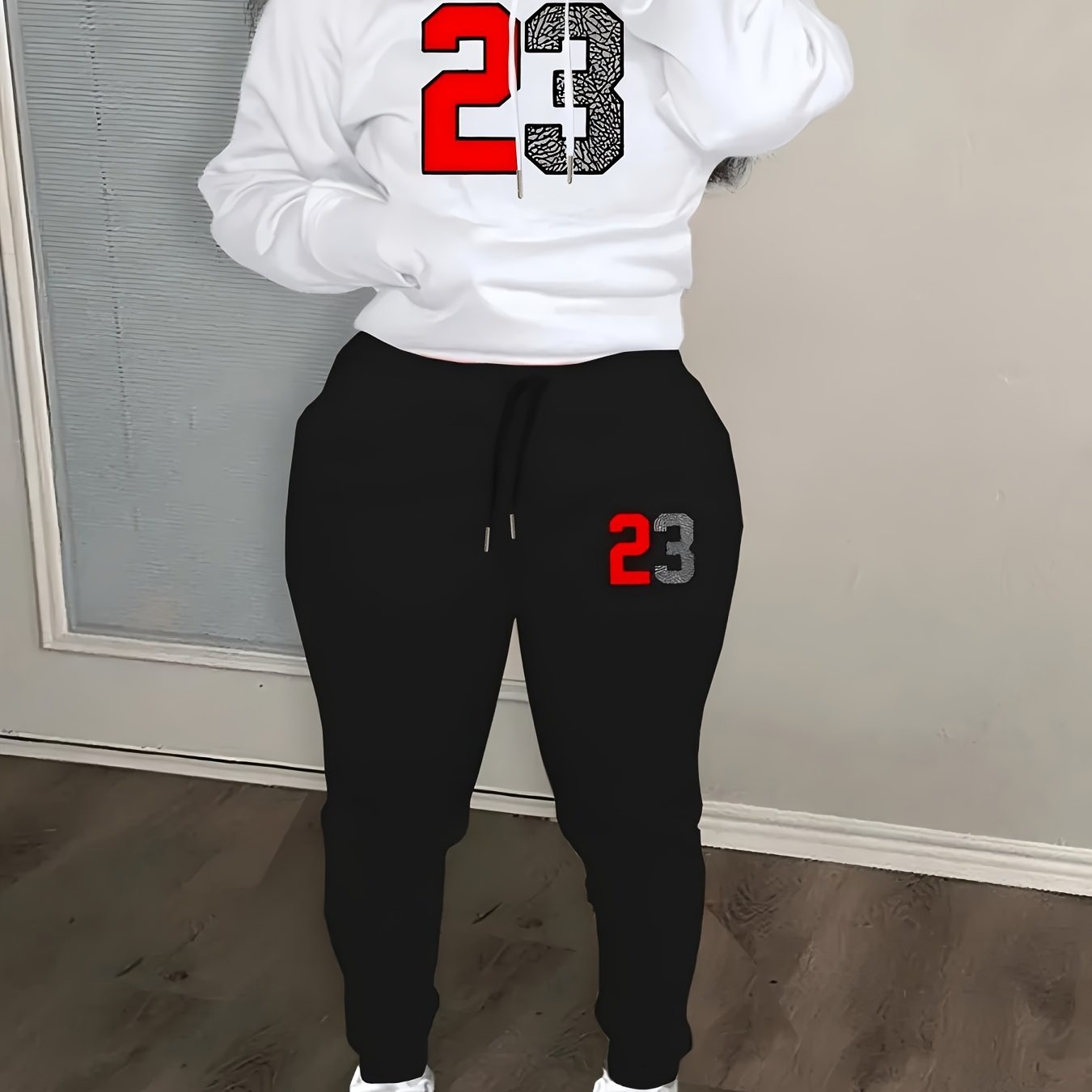 Bear Print Hoodie Two-piece Set, Casual Drop Shoulder Long Sleeve Kangaroo Pocket Drawstring Hoodies Sweatshirt & Drawstring Waist Slant Pockets Cuffed Pants Outfits, Women's Clothing