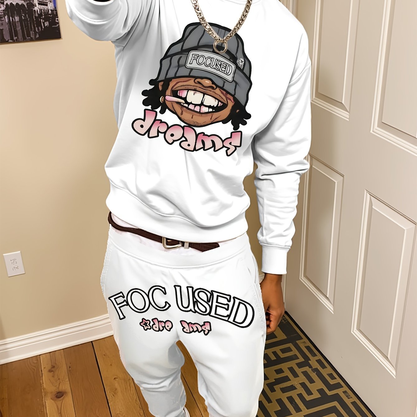 Men'S Casual Graffiti Print Sweatshirt and Pants Set, Crew Neck, Loose Fit, Knit Polyester 95%, 5% Elastane, Slight Stretch, Fall/Winter Lash Sets