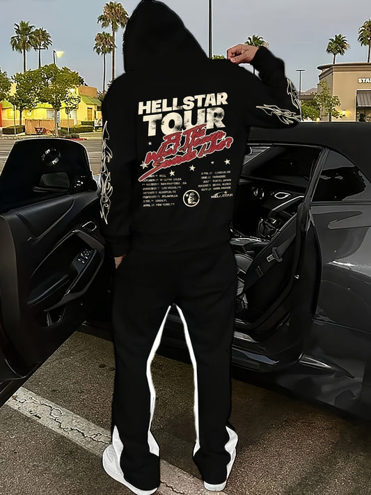 Autumn and Winter Men's Loose Casual Long Sleeve Hoodie with Flame Print and Letter Sweatshirt with Trousers, Men's Daily Wear