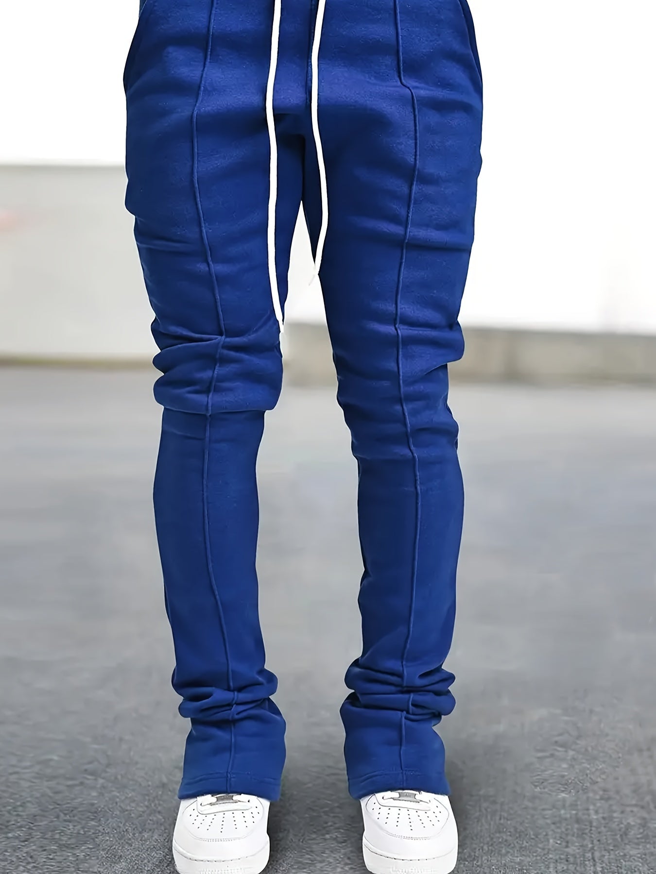 Ultra Long Regular Fit Men's Fashion Flared Pants with Polyester Knit Fabric, Drawstring, Pocket, Casual Solid Color, All-Season Adult