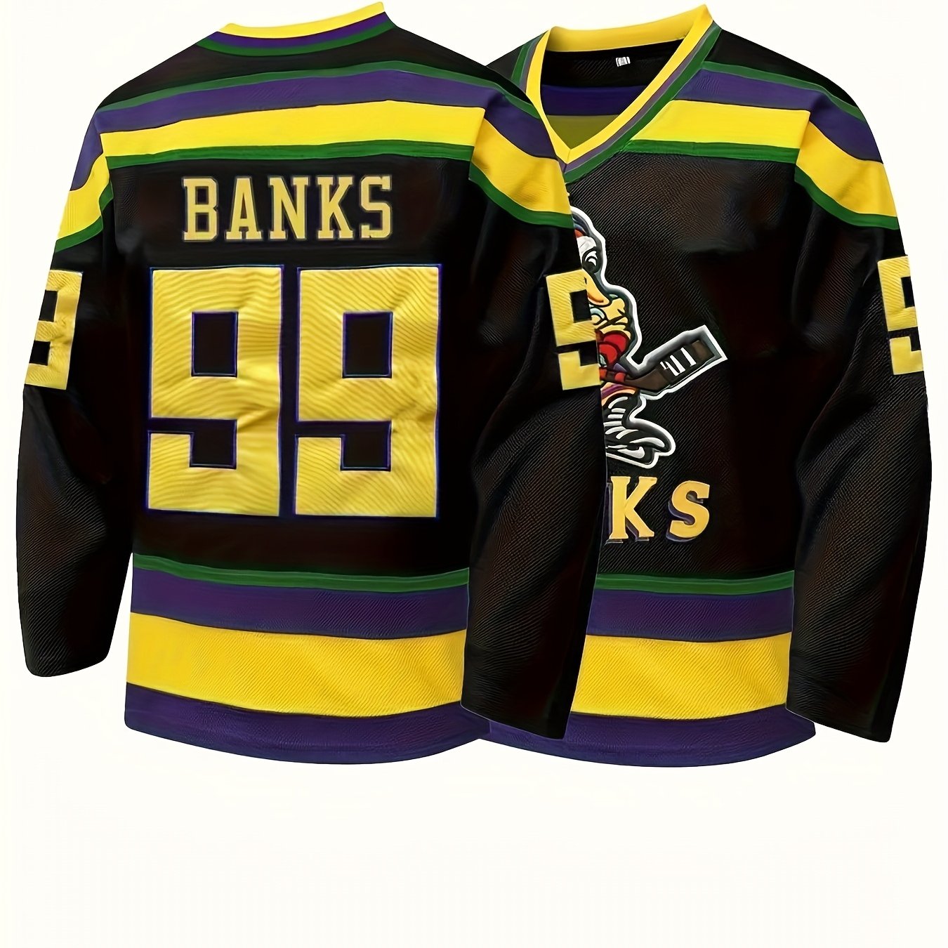 [Embroidered Detailing] Men's #99 Black & Golden Ice Hockey Jersey - Breathable, Embroidered V-Neck Captain's Sweatshirt with Striped Accents, Ideal for Sports & Casual Wear, Machine Washable
