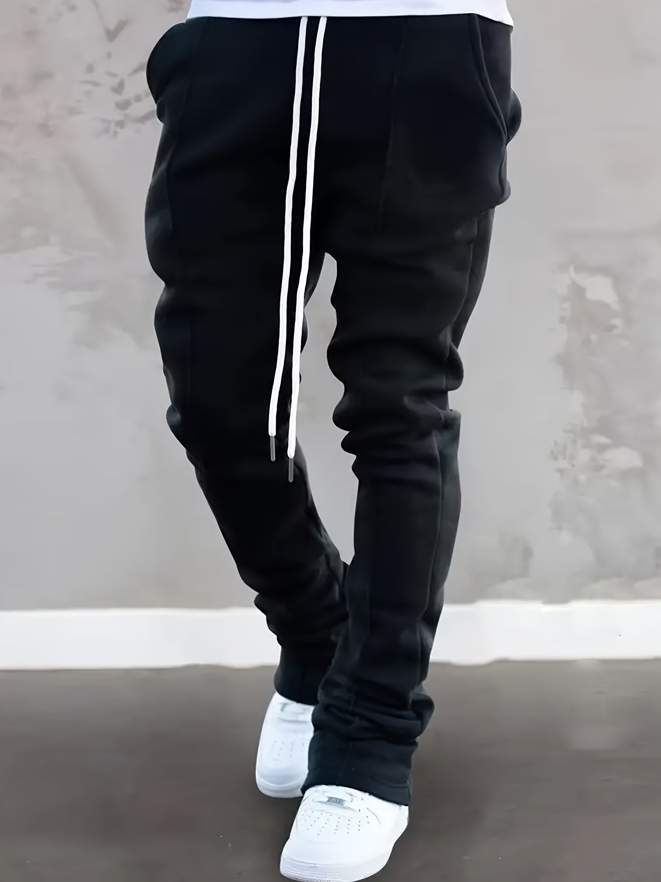 Ultra Long Regular Fit Men's Fashion Flared Pants with Polyester Knit Fabric, Drawstring, Pocket, Casual Solid Color, All-Season Adult