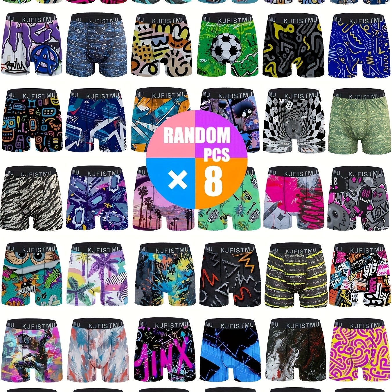 8 Packs Of Random Graffiti Printed Casual Sports Boxer Briefs, Breathable And Elastic, More Comfortable After Wearing!