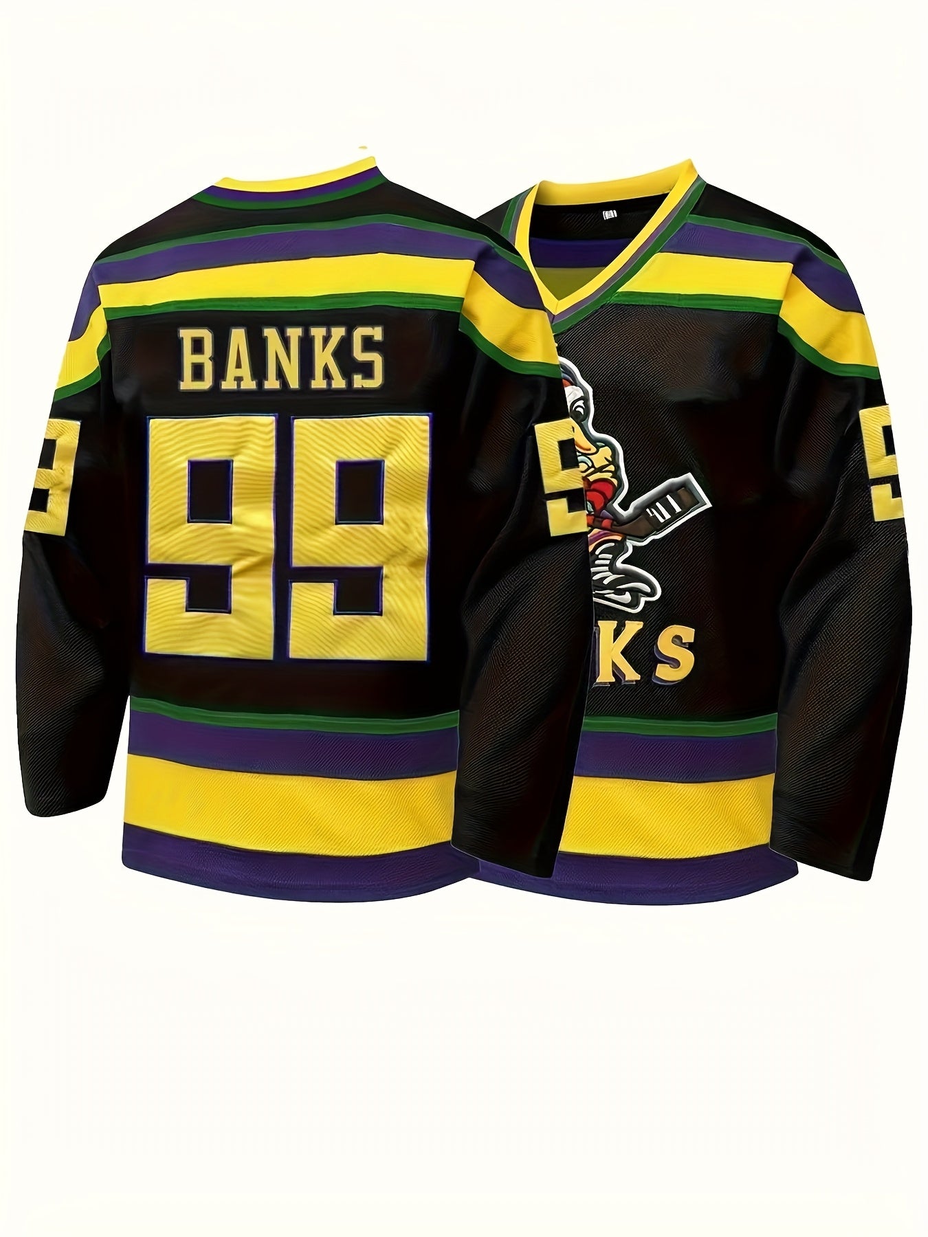 [Embroidered Detailing] Men's #99 Black & Golden Ice Hockey Jersey - Breathable, Embroidered V-Neck Captain's Sweatshirt with Striped Accents, Ideal for Sports & Casual Wear, Machine Washable