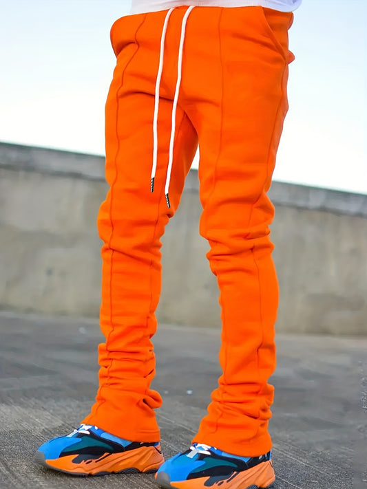 Ultra Long Regular Fit Men's Fashion Flared Pants with Polyester Knit Fabric, Drawstring, Pocket, Casual Solid Color, All-Season Adult