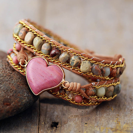 Hand-Woven Stone 3-layer Leather Bracelet